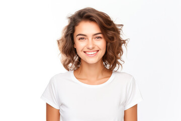 Fototapeta premium Close up of a young woman smiling and wearing a white t-shirt on a white background. Generative AI