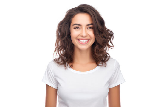Close up of a young woman smiling and wearing a white t-shirt on a white background. Generative AI