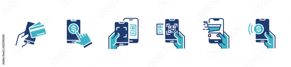 Poster quick payment with a smartphone mobile payment icon set vector qr code transfer money for finance business digital transaction symbol illustration for web and app