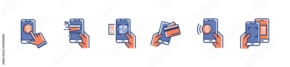 Poster mobile payment icon set vector smartphone scan qr code for payment online shopping symbol illustration for web and app