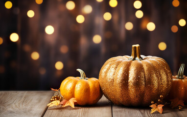 Autumn decorative pumpkins background with copy space, blurred bokeh lights. Wooden table. Halloween concept. Happy Thanksgiving.