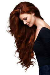 Ginger, wavy and woman with red long hair, healthy growth and soft glow, highlights or strong...