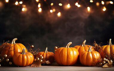 Thanksgiving background with pumpkins on dark bokeh lights background. Autumn composition with copy space. Wooden table. Halloween concept. Festive atmosphere.