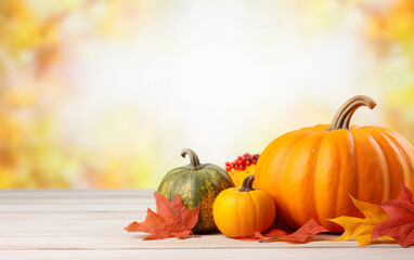 Autumn pumpkins background with copy space, blurred bokeh lights. Maple leaves, Wooden table. Halloween concept. Happy Thanksgiving.