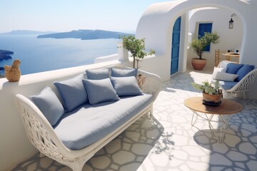 Elegant balcony in Santorini with sleek chairs, perfect for enjoying the sunny weather and breathtaking sea views