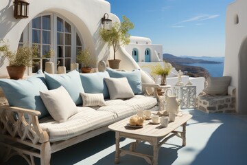 Elegant balcony in Santorini with sleek chairs, perfect for enjoying the sunny weather and breathtaking sea views