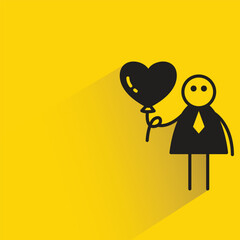 cartoon businessman holding heart balloon with shadow on yellow background