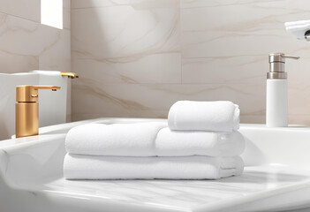 Fototapeta na wymiar White towel on white marble countertop in bathroom, modern interior object