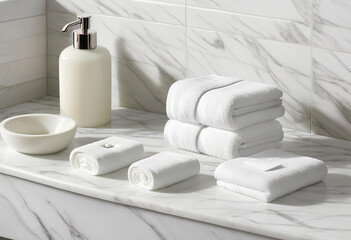 Obraz na płótnie Canvas White towel on white marble countertop in bathroom, modern interior object