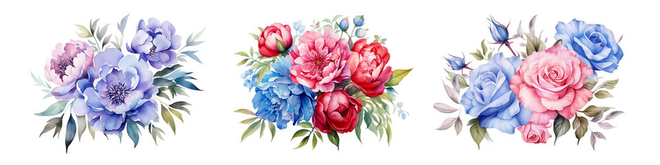 Watercolor floral bouquet illustration set - Pink, Blue, Red Florals, Green Leaves, and Branches. Perfect for Wedding, Greeting Cards, Wallpaper Designs, Fashion, and background. Generative AI