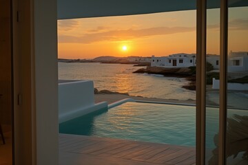 Fototapeta premium Sunny and luxurious balcony in Santorini, designed with modern aesthetics. Details of pool and architecture during sunset