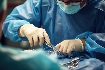 Hands of a surgeon in an operating room close-up, steady and precise gloved hands delicately manipulate surgical instruments during a complex procedure,