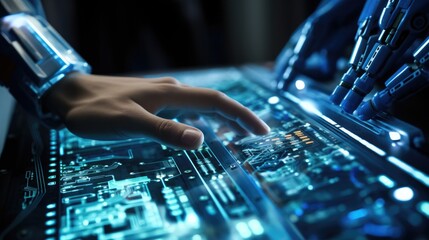 The human hands touch futuristic display.