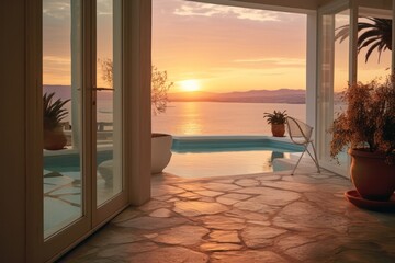 Santorini's luxurious sunny terrace villa with modern chairs, overlooking the beautiful sea during sunset.