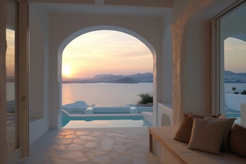 Santorini's luxurious sunny terrace villa with modern chairs, overlooking the beautiful sea during sunset.