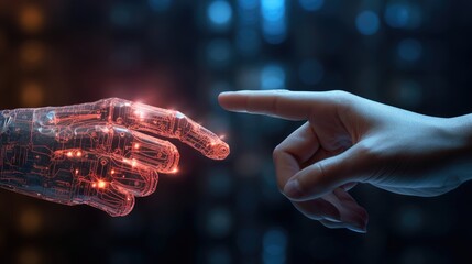 The human finger delicately touches the finger of a robot's metallic finger. Concept of harmonious coexistence of humans and AI technology, - obrazy, fototapety, plakaty
