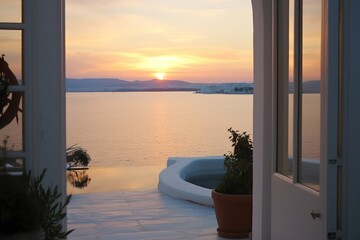 Santorini's luxurious sunny terrace villa with modern chairs, overlooking the beautiful sea during sunset.