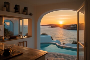 Fototapeta na wymiar Perfect sunset on Mediterranean island with sea views and luxurious accommodation