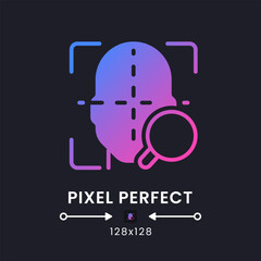 Facial coding purple solid gradient desktop icon on black. Face recognition. Measuring human emotions. Pixel perfect 128x128, outline 4px. Glyph pictogram for dark mode. Isolated vector image