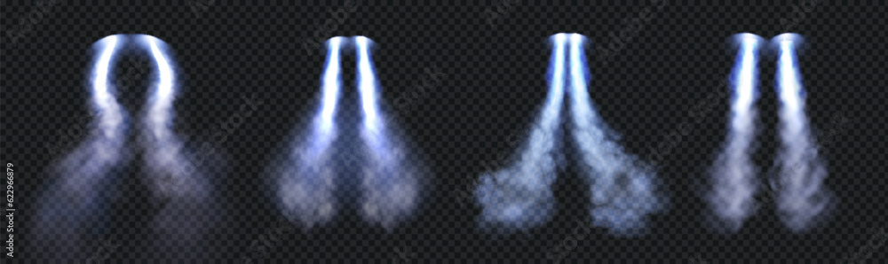 Poster jetpack smoke cloud trail with blue fire vector effect. rocket speed contrail in sky air 3d realisti
