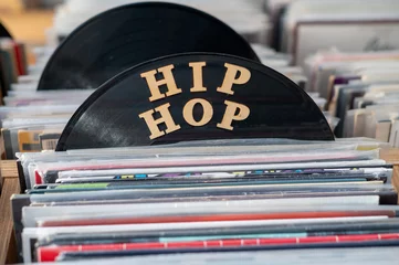 Deurstickers Muziekwinkel Hip hop vinyls seen stacked on rack