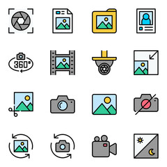 set of camera color line icons. camera icons set. image, photography, multimedia, lens, picture, rotation, photograph
