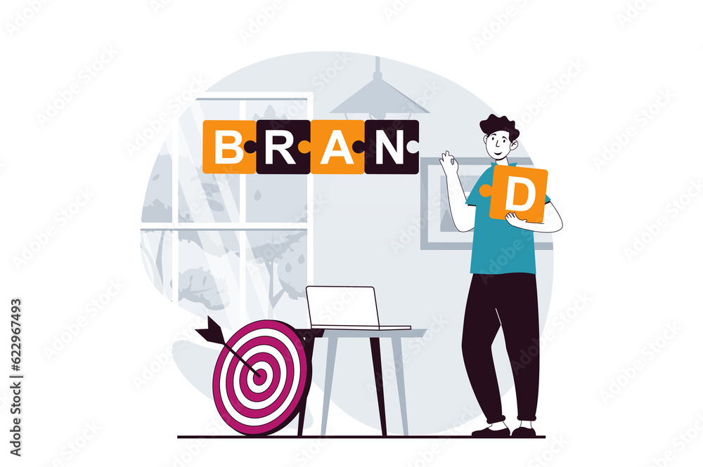 Poster branding team concept with people scene in flat design for web. man making promotion, targeting, cre