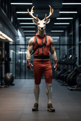 Fototapeta na wymiar fit Deer standing at the gym, Fit Deer confidently flexing at the gym, generative AI