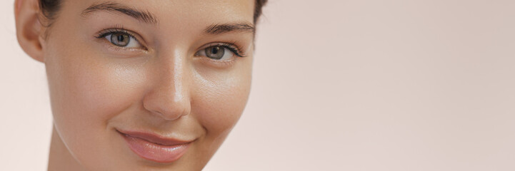 Crop Close-up Portrait of Young Happy Millennial Woman with Healthy Glowing Face Skin