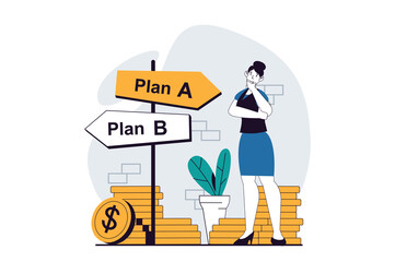 Business making concept with people scene in flat design for web. Woman choosing direction for company development and profit progress. Illustration for social media banner, marketing material.