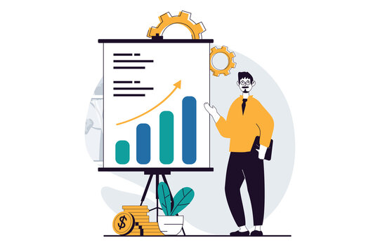 Business making concept with people scene in flat design for web. Man analyzing data growth and company statistic, making presentation. Illustration for social media banner, marketing material.