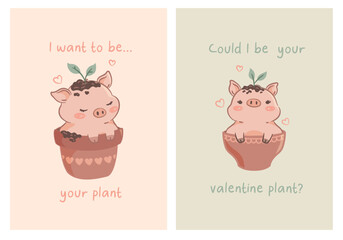 Charming Valentine's Day Vector Card: Cute Little Pigs, Pot Plants, Print Design