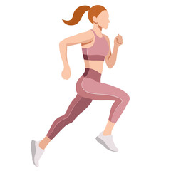 Fototapeta na wymiar vector image of a slim girl in a sports uniform (leggings and a sports bra) jogging, playing sports, leading an active lifestyle isolated on a white background. preparing for a marathon. morning run.