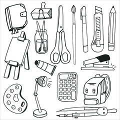 School and office stationery set. Doodle pen, pencil, notebook and backpack. Vector flat icons of education supplies, scissors, calculator, brushes and paints