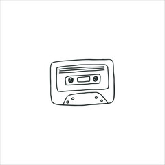 Vector illustration. Hand drawn doodle of Retro audio cassette. Analog media for recording and listening to stereo music. Old-fashioned tape cassette. Cartoon sketch. Isolated on white background