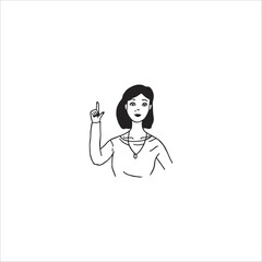 A woman is pointing her finger at something and talking. Doodle design style vector illustration.