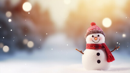 Naklejka na ściany i meble Happy snowman in winter scenery with blurred bokeh background. Generative AI.