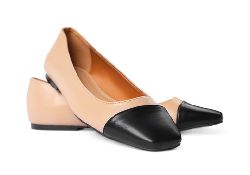 Pair of new stylish square toe ballet flats on white background