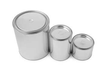 New metal paint cans on white background