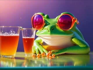 write a title : a frog in sunglasses, a glass of drink next to him, a summer picture, elbows on the table