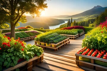 vegetable garden at sunset