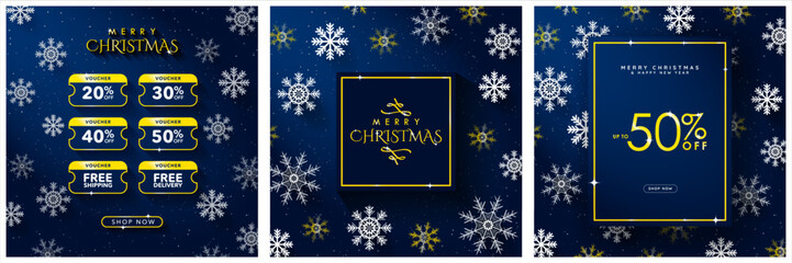 Obraz na płótnie Canvas Set of Gold and Blue Christmas Advertising Poster Templates. Gold Merry Christmas Typography on blue background with 3d snowflakes. Golden price discount and free delivery vouchers. Vector.