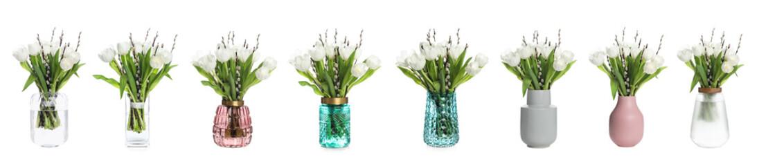 Collage of stylish vases with beautiful bouquet on white background