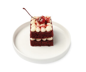 Piece of delicious red velvet cake on white background