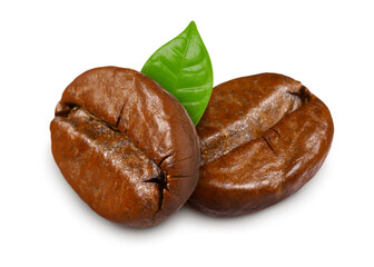 Fresh roasted coffee beans and leaf on white background