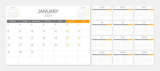 Calendar 2024 week start Monday corporate design planner template. Calendar planner 2024. - 622971055