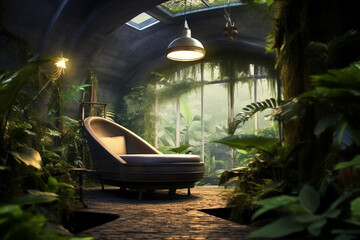 Designer interior with tropical plants and jungle views. Generative AI.
