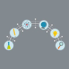 arch of icons on the theme of school, education themed flask, pencil, atom, globe, light bulb, magnifier