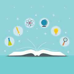 Illustration with book and icons (flask, pencil, atom, globe, light bulb, magnifier). School, learning, education