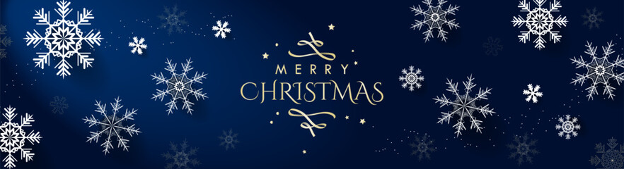 Fototapeta na wymiar Beautiful Merry Christmas Golden Banner on blue gradient background with white and gold 3d snowflakes. Vector Illustration. EPS 10. Perfect for headers, cover, banners, backgrounds, designs.